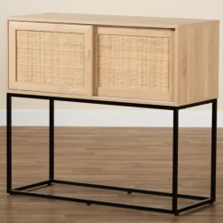 Kirkland's Home Light Wood And Rat Sliding Door Cabinet- Cabinets & Sideboards