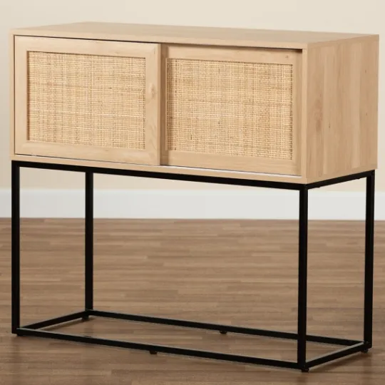 Kirkland's Home Light Wood And Rat Sliding Door Cabinet- Cabinets & Sideboards