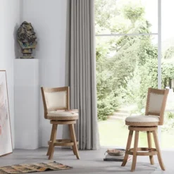 Kirkland's Home Linen And Driftwood Nailhead Swivel Counter Stool- Bar Stools & Counter Height Stools