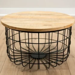 Kirkland's Home Mango Wood And Black Metal Basket Coffee Table- Coffee Tables