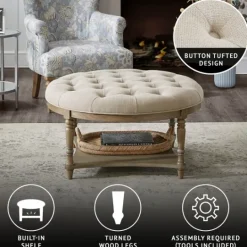 Kirkland's Home Martha Stewart Round Cream Ottoman With Shelf- Benches & Ottomans
