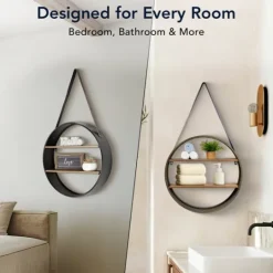 Kirkland's Home Metal Circle Wall Shelf With Leather Strap- Shelves