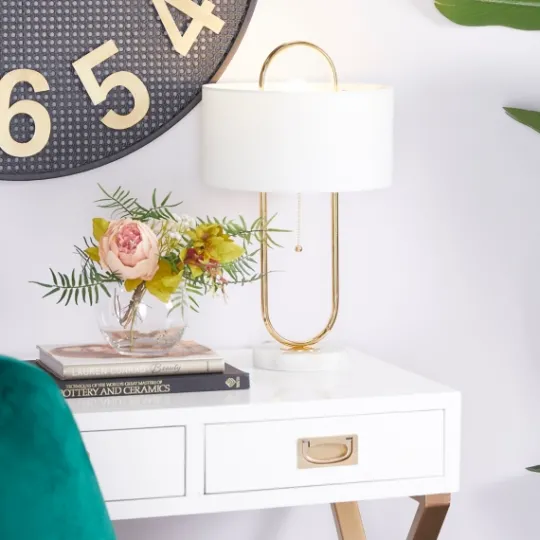 Kirkland's Home Metal Open Loop Stem White Round Table Lamp- Table Lamps