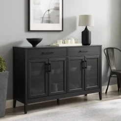 Kirkland's Home Micah Black Rattan Mesh Sideboard Cabinet- Cabinets & Sideboards