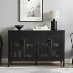 Kirkland's Home Micah Black Rattan Mesh Sideboard Cabinet- Cabinets & Sideboards