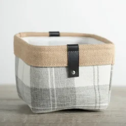 Kirkland's Home Mini Gray Plaid Bin With Leather Accent- Baskets & Boxes