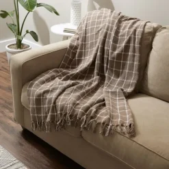 Kirkland's Home Mocha Plaid Fringed Throw- Blankets & Throws