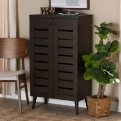 Kirkland's Home Mocha Tall Slatted Shoe Storage Cabinet- Entryway Furniture