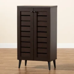 Kirkland's Home Mocha Tall Slatted Shoe Storage Cabinet- Entryway Furniture