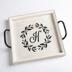 Kirkland's Home Monogram H Wood Tray With Handles- Decorative Trays