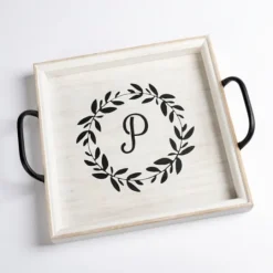 Kirkland's Home Monogram P Wood Tray With Handles- Decorative Trays