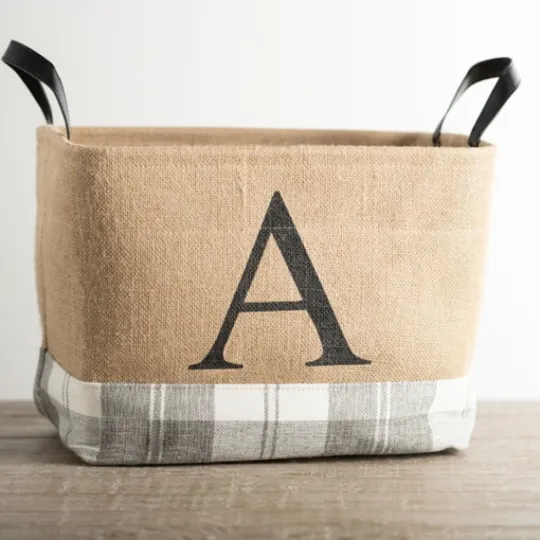 Kirkland's Home Monogrammed A Gray Plaid Leather Handle Jute Bin- Baskets & Boxes