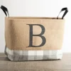 Kirkland's Home Monogrammed B Gray Plaid Leather Handle Jute Bin- Baskets & Boxes