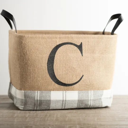 Kirkland's Home Monogrammed C Gray Plaid Leather Handle Jute Bin- Baskets & Boxes