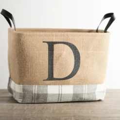 Kirkland's Home Monogrammed D Gray Plaid Leather Handle Jute Bin- Baskets & Boxes