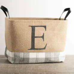 Kirkland's Home Monogrammed E Gray Plaid Leather Handle Jute Bin- Baskets & Boxes