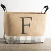 Kirkland's Home Monogrammed F Gray Plaid Leather Handle Jute Bin- Baskets & Boxes