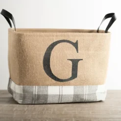 Kirkland's Home Monogrammed G Gray Plaid Leather Handle Jute Bin- Baskets & Boxes