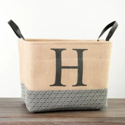 Kirkland's Home Monogrammed H Black Diamond Jute Storage Bin- Baskets & Boxes