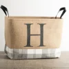 Kirkland's Home Monogrammed H Gray Plaid Leather Handle Jute Bin- Baskets & Boxes