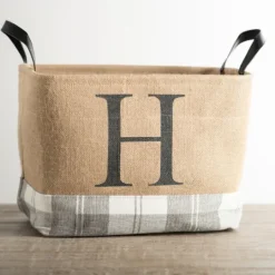 Kirkland's Home Monogrammed H Gray Plaid Leather Handle Jute Bin- Baskets & Boxes