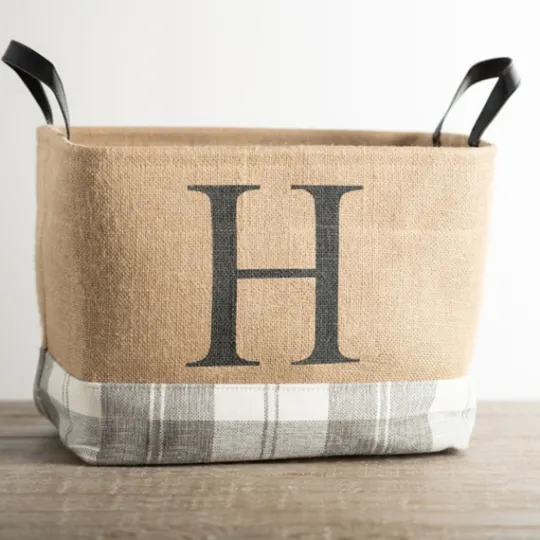 Kirkland's Home Monogrammed H Gray Plaid Leather Handle Jute Bin- Baskets & Boxes