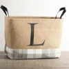 Kirkland's Home Monogrammed L Gray Plaid Leather Handle Jute Bin- Baskets & Boxes