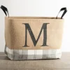 Kirkland's Home Monogrammed M Gray Plaid Leather Handle Jute Bin- Baskets & Boxes