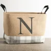 Kirkland's Home Monogrammed N Gray Plaid Leather Handle Jute Bin- Baskets & Boxes