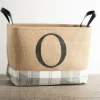 Kirkland's Home Monogrammed O Gray Plaid Leather Handle Jute Bin- Baskets & Boxes