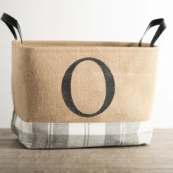 Kirkland's Home Monogrammed O Gray Plaid Leather Handle Jute Bin- Baskets & Boxes