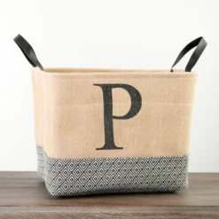 Kirkland's Home Monogrammed P Black Diamond Jute Storage Bin- Baskets & Boxes