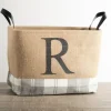 Kirkland's Home Monogrammed R Gray Plaid Leather Handle Jute Bin- Baskets & Boxes