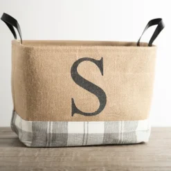 Kirkland's Home Monogrammed S Gray Plaid Leather Handle Jute Bin- Baskets & Boxes
