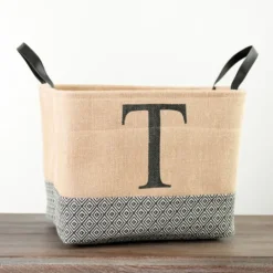 Kirkland's Home Monogrammed T Black Diamond Jute Storage Bin- Baskets & Boxes