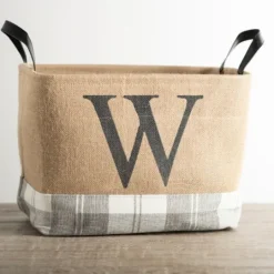 Kirkland's Home Monogrammed W Gray Plaid Leather Handle Jute Bin- Baskets & Boxes
