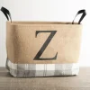 Kirkland's Home Monogrammed Z Gray Plaid Leather Handle Jute Bin- Baskets & Boxes