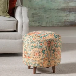 Kirkland's Home Multicolor Patterned Wood Ottoman Stool- Benches & Ottomans