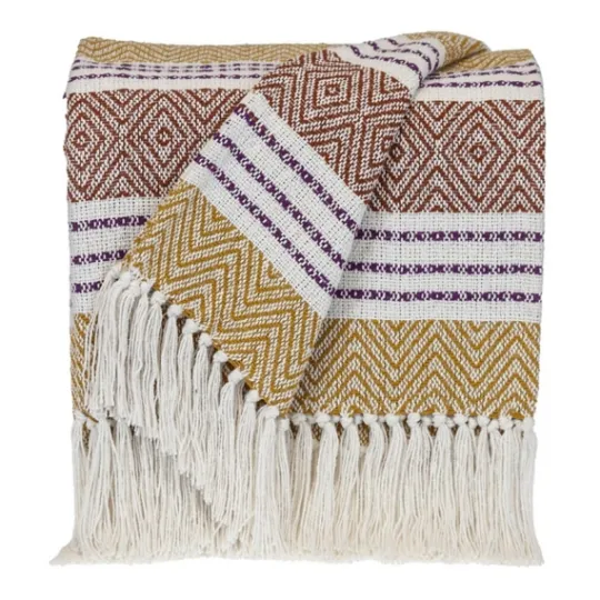 Kirkland's Home Mustard Herringbone Multi Striped Throw- Blankets & Throws