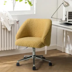 Kirkland's Home Mustard Sherpa Upholstered Swivel Office Chair- Office Furniture