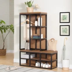 Kirkland's Home Natural Acacia Wood And Metal Hall Tree With Bench- Entryway Furniture
