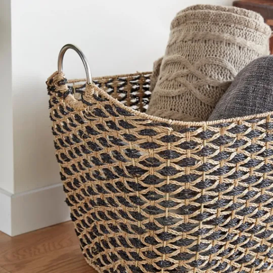 Kirkland's Home Natural And Black Seagrass Diamond Weave Basket- Baskets & Boxes
