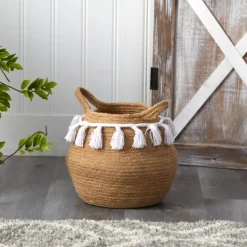Kirkland's Home Natural Cotton Woven Tassel Basket- Baskets & Boxes