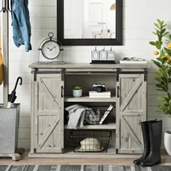Kirkland's Home Natural Farmhouse Sliding Door Cabinet- Entryway Furniture