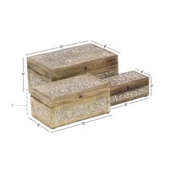 Kirkland's Home Natural Floral Carved Wood Boxes, Set Of 3- Baskets & Boxes