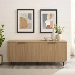 Kirkland's Home Natural Fluted Wood 4-Door Scandinavian Cabinet- Cabinets & Sideboards