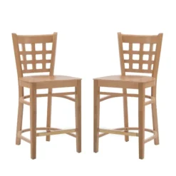 Kirkland's Home Natural Grid Back Wood Counter Stools, Set Of 2- Bar Stools & Counter Height Stools