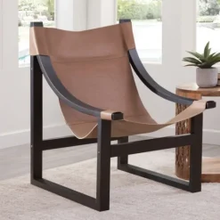 Kirkland's Home Natural Leather And Black Wood Sling Accent Chair- Accent Chairs