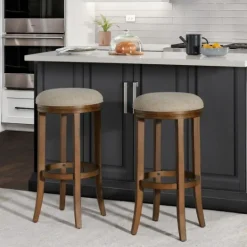 Kirkland's Home Natural Linen And Wood Bar Stools, Set Of 2- Bar Stools & Counter Height Stools