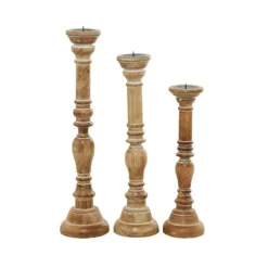 Kirkland's Home Natural Mango Wood Carved Candle Holders, Set Of 3- Candle Holders